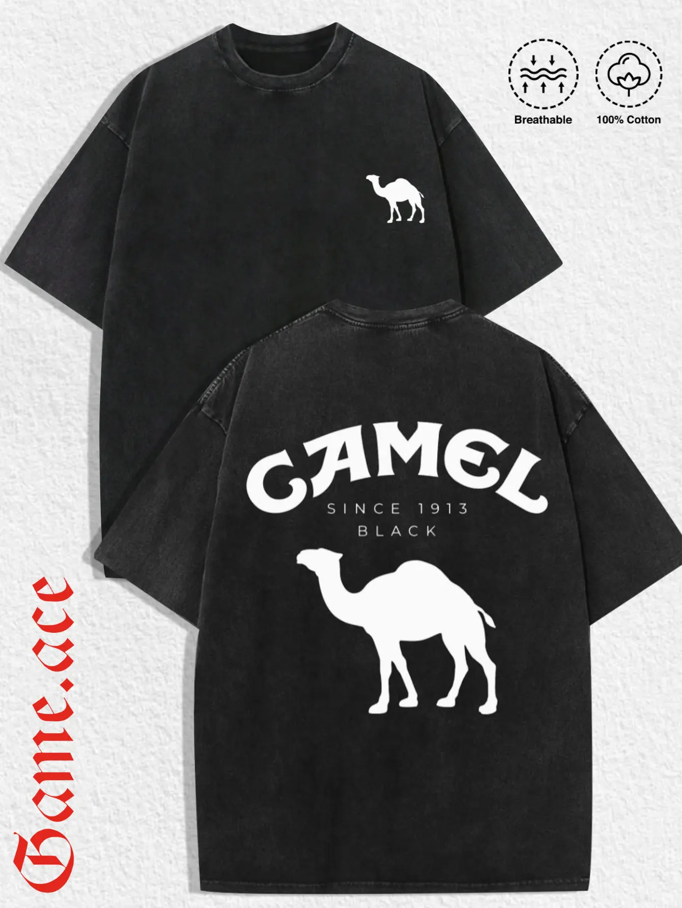 GAME.ACE Retro Washed Black Oversized Tee, Camel Silhouette Graphic Print, Casual Streetwear, 100% Cotton Breathable Unisex T-Shirt, Daily Wear, Casual Outings, Great Gift for Animal Lovers