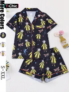 Women's Monkey Print Pajama Set, Short Sleeve Button Front Top & Elastic Shorts, Casual Home Wear, Comfortable Sleepwear, Loungewear