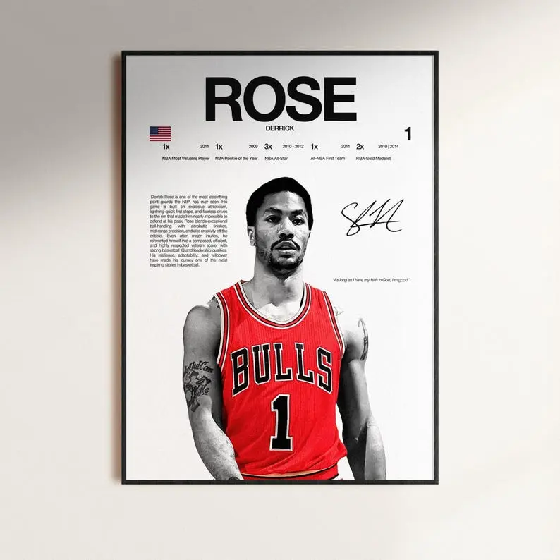 Derrick Rose Poster,  Wall Print, Basketball   Poster Print, Sports Decor, Chicago Bulls Poster,  Gift