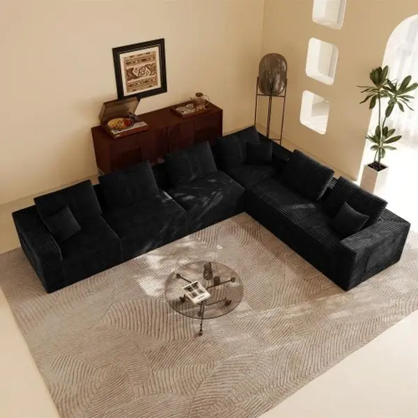 [Sub 2-3packages]Niccae 9-Piece Modular Sectional Couch with Chaise Lounge, Reversible Seating & Unwrap & Relax No-Assembly, Plush Corduroy Upholstered 141.73x141.73in Corner Layout Indoor Apartment Furniture (Black), Apartment Decor Ideas