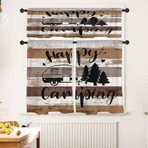 JOYFINITY Camper Kitchen Curtains RV Window Curtains Valance and Tier Set 36 Inch, Brown Wooden Boards Vintage Rod Pocket Short Tier Curtain for Bedroom Living Room, Farmhouse Small Cafe Kitchen Decor
