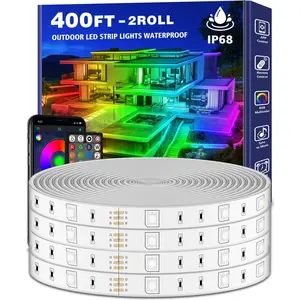 400 Feet Outdoor LED Strip Lights Waterproof, Outdoor LED Strip Lights Waterproof, Comes with App and Remote Control, Music Sync RGB Outdoor LED Rope Lights, Comes with Self-Adhesive Backing, Suitable for Roofs, Decks, Balconies