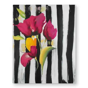 Begin Home Decor C1MP16204MRQLC 16 x 20 in. Pink Flowers On Black Stripes Wall Art - Bedroom Metal Print Decor
