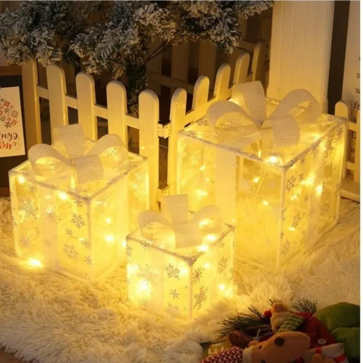 3-Piece Christmas Lighted Gift Boxes Set, Large Medium Small Pre-Lit Xmas Present Boxes with 8 Lighting Modes & Remote Control, Warm White LED Battery Powered Holiday Decorations, DIY Assembly for Christmas Tree, Living Room & Indoor Home Decor, 3 AA Batt