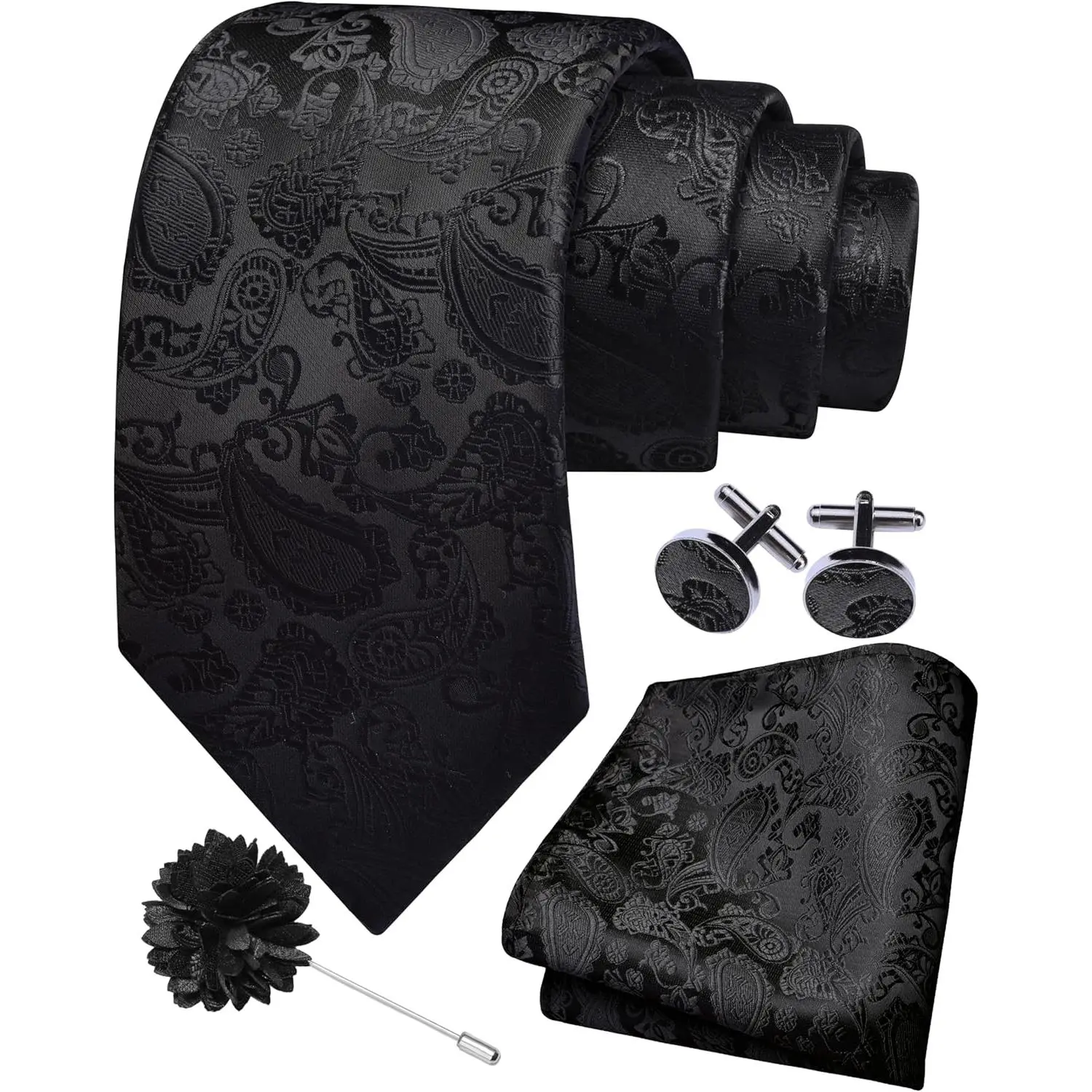 Men's 4-Piece Classic Paisley Necktie Set, Heavyweight Silk Blend Formal Tie with 9.84" Pocket Square, Cufflinks & Lapel Pin, 9.84X9.84 Inches