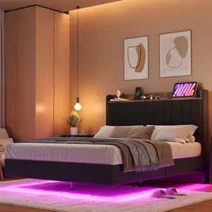 【Christmas Gift】King Floating Bed Frame with LED Lights and Charging Station Upholstered Platform Bed with Storage Headboard Wood Slats Support No Box Spring Needed Easy to Assemble Black