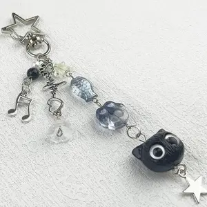 Vintage Creative Black Cat Phone Lanyard Cute Versatile Keychain Backpack Pendant Y2K Kitten Paw Star Fish Beaded Jewelry Accessories Multi-functional Use Durable Zinc Alloy Charming Decor Hangable Ornaments