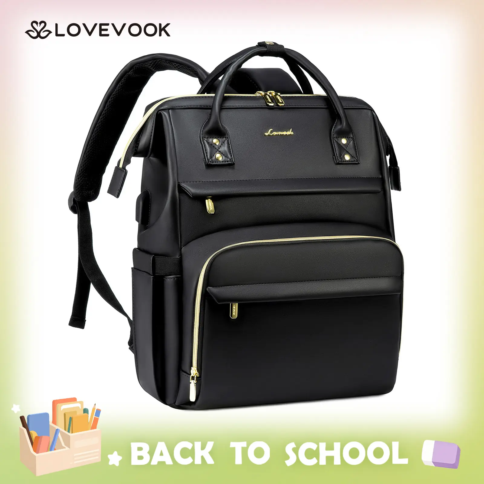 LOVEVOOK Vegan Leather Laptop Backpack with USB Port for Women -Spring Glow Up College, Business, Work, Teacher, Travel, School Backpack,DealsForYouDays