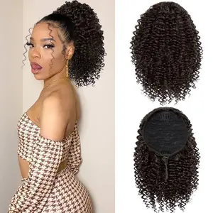 Short Kinky Curly Ponytail Extension for Black Women, 10 Inch Medium Brown Drawstring Curly Ponytail with Two Clips, Synthetic Afro Drawstring Ponytail for Black Women
