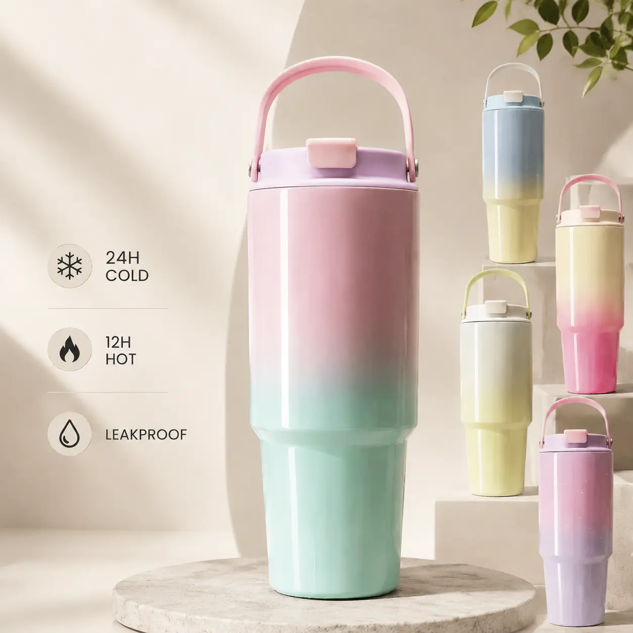 30oz Insulated Tumbler with Handle, Stainless Steel Travel Cup with 2-in-1 Leakproof Lid, Straw & Sip Design, Gradient Color Cup