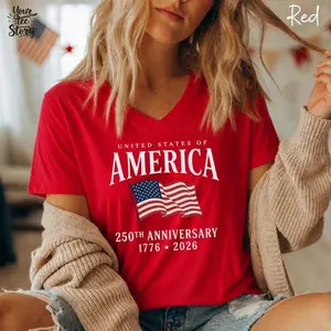 Women V-Neck USA Flag 250th Anniversary Shirt, 4th July Tee, USA 250th Anniversary Independence Day Shirt, 4th July 250th Year Shirt