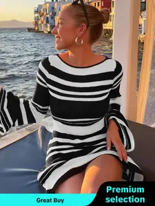 Women's Striped Print Backless Tie Back Sweater Dress, Long Sleeve Crew Neck Dress For Spring & Fall, Fashion Casual Women's Clothes For Daily Wear, Summer Outfits 2024