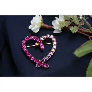 Rhinestone Pink Topaz Heart Brooch Pin, Crystal Valentine's day Heart Jewelry For Her
