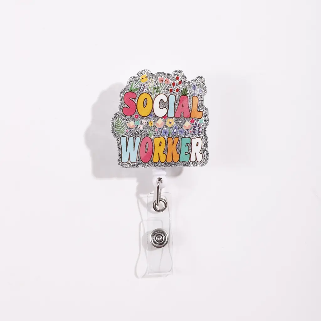 Social Worker ID Badge Reel, Colorful Social Worker Text with Floral Elements, Sparkling Edge Design, Perfect Gift for Social Workers, Acrylics, Badge Accessories, ID Badge Holder