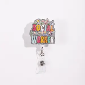 Social Worker Badge Reel, Colorful Social Worker Text with Floral Elements, Sparkling Edge Design, Perfect Gift for Social Workers, Acrylics
