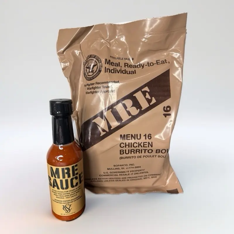 MRE Boom Boom Sauce Bundle ( 1 Random MRE + Boom Boom Hot Sauce ) Dip Sealed