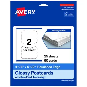 Avery 4-1/4" x 5-1/2" Rectangle Flourished Edge, Glossy White Postcards