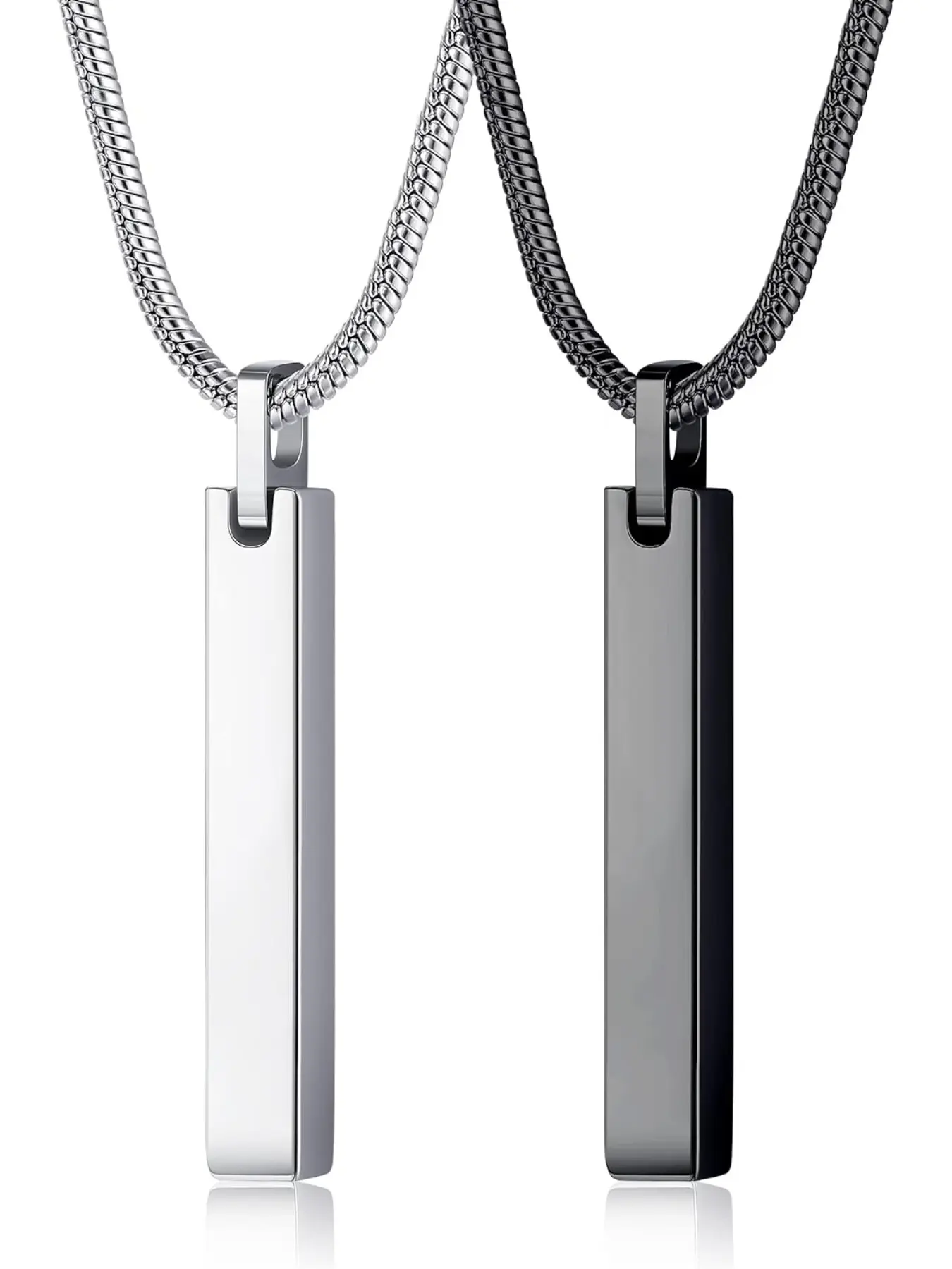 2PCS Mens Necklaces Stainless Steel Bar Pendant Necklace Cuboid Silver/Black Bar Pendant with Snake Chain 61CM Couples Necklace Set for Men Women Exquisite Jewelry Gift Alloy Necklace