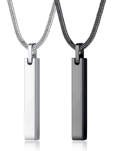 2PCS Mens Necklaces Stainless Steel Bar Pendant Necklace Cuboid Silver/Black Bar Pendant with Snake Chain 61CM Couples Necklace Set for Men Women Jewellery Gift