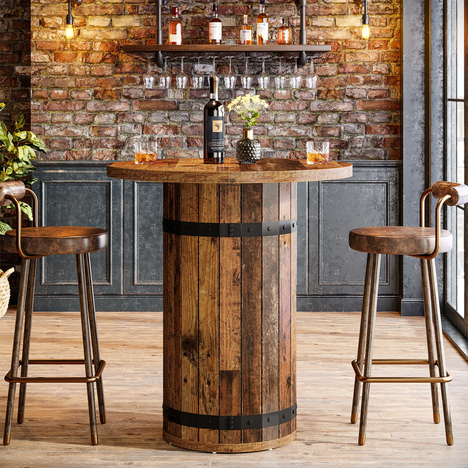 Tribesigns Round Bar Table, 39.4-Inch Bar Height, Bistro Pub Table for Kitchen, Living Room, Small Space, Brown (Only Table)