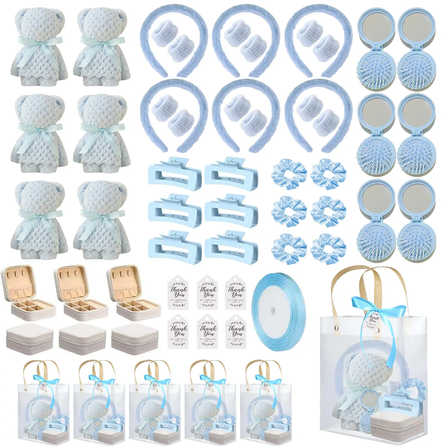 55 Baby Shower Pac Party Game Prizes, Including Mini Bear Towels Headband  Wristband Folding Travel Hairbrush With Mirror Claw Clip Scrunchie Jewelry Box Thank You Tags Ribbon Gift Bags, Ideal For Bridal Showers Party Spa Party Wedding Back To School