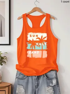 Women's Tropical Palm Tree & Letter Print Sports Tank Top, Casual Sleeveless Top for Yoga Gym Workout, Ladies Sportswear for Summer, Menswear, Athletic Tank Tops, Tank Tops Workout, Tanktop