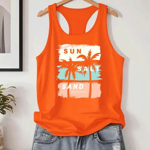Women's Tropical Palm Tree & Letter Print Sports Tank Top, Casual Sleeveless Top for Yoga Gym Workout, Ladies Sportswear for Summer, Menswear, Athletic Tank Tops, Tank Tops Workout, Sporty Tank Top, Graphic Tank Top, Orange Tops