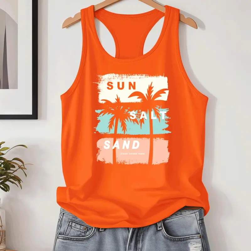 Women's Tropical Palm Tree & Letter Print Sports Tank Top, Casual Sleeveless Top for Yoga Gym Workout, Ladies Sportswear for Summer, Menswear, Athletic Tank Tops, Tank Tops Workout, Sporty Tank Top, Graphic Tank Top, Orange Tops