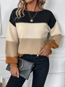 Women's Colorblock Striped Print Drop Shoulder Sweater, Casual Long Sleeve Round Neck Jumper for Daily Outdoor Wear, Ladies Knitwear for All Seasons??gift?? Womenswear Fabric