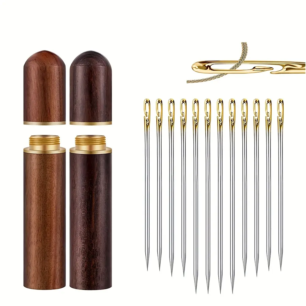 12counts Maroon Self-Threading Needles Set - Effortless Threading, Easy-to-Use, Portable Wooden Case for Sewing, Embroidery, and Needle Accessories - Convenient Storage and Organization