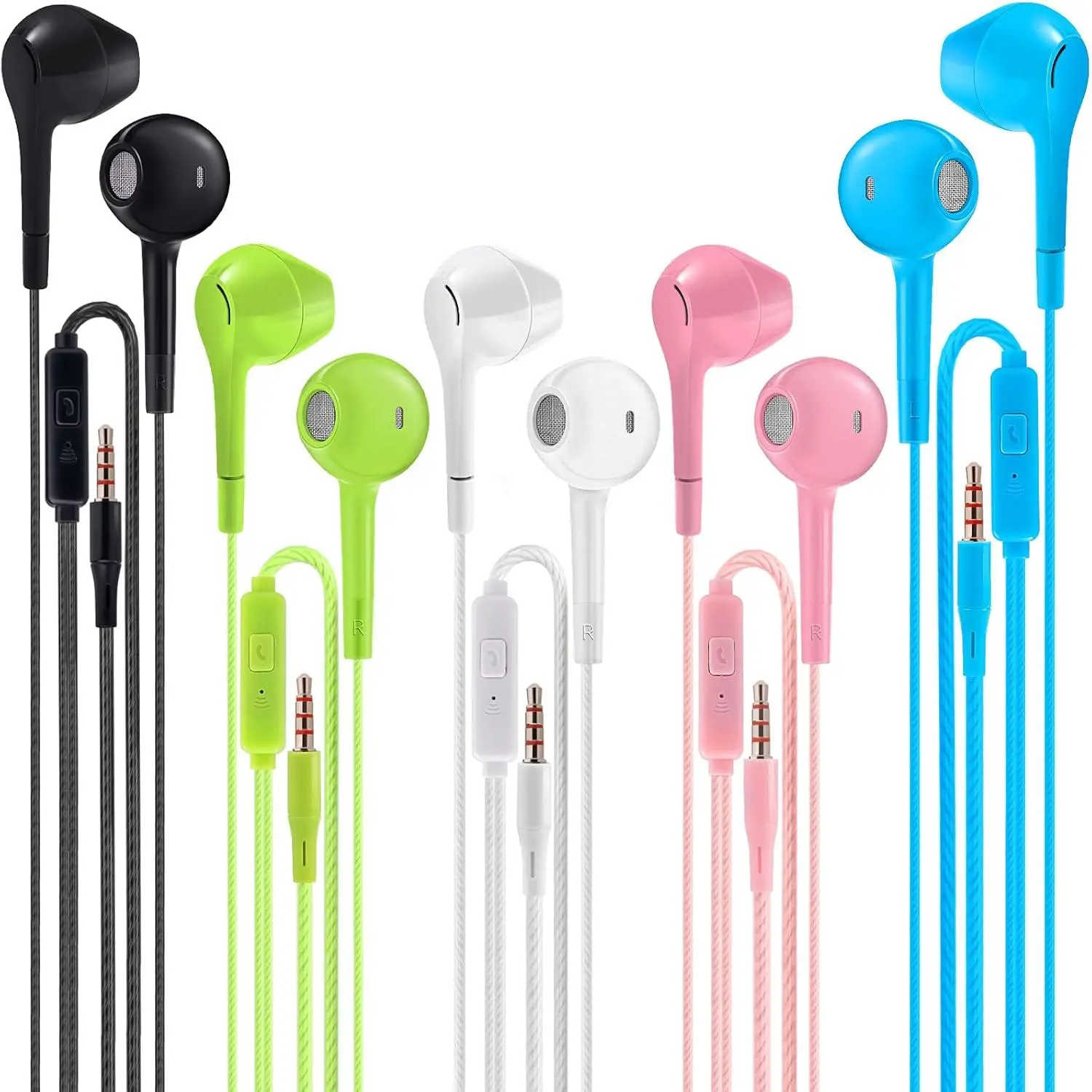 5-Pack Retractable In-Ear Wired Headphones with Microphone - Noise-Isolating, Powerful Heavy Bass Audio, Charging & Connection Compatibility with Android Phones, Laptops, MP3 Players & Most 3.5mm Interfaces