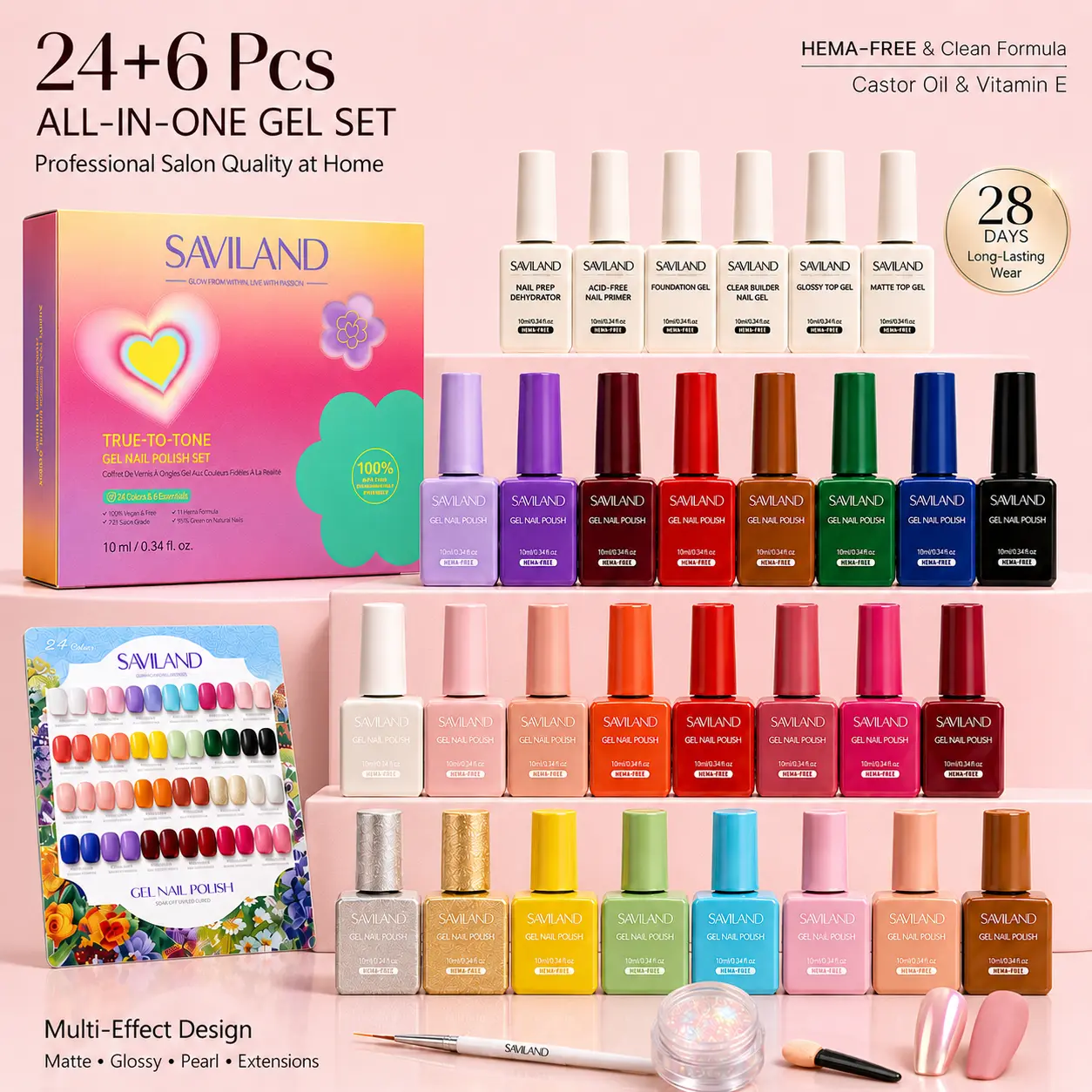 SAVILAND 30Pcs HEMA-Free Gel Nail Polish Set – 24 Professional Colors + 6 Essentials (Base/Top/Builder Gel), UV/LED Curing, Includes Swatch Card, 10ml Each – Perfect for Salons, Nail Art Studios & Gift for Women