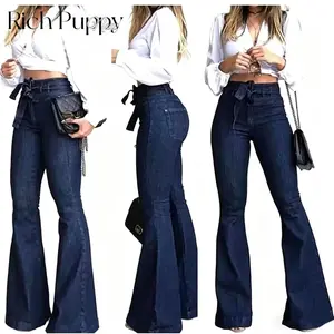 2024) European and American New Fashion High Waist Hip Lift Lace-up Bell-Bottom Pants Wide Leg Pants Jeans for Women Womenswear Underwear Trouser Streetwear Trouser Streetwear Blue Denim Formal Casual Chic Comfort bell bottom jeans