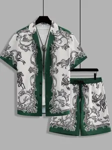 Men's Green & White Equestrian Print 2-Piece Casual Loungewear Set - Camp Collar Shirt & Drawstring Shorts, Ultra-Soft Breathable Fabric, Relaxed Fit for At-Home Lounging, Working From Home & Lazy Weekends