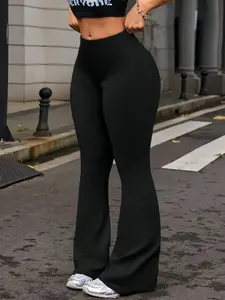 Women's High Waist Solid Color Flare Leg Yoga Pants, Flared Yoga Bottoms, Compression Tight Fit Running Training Casual Long Pants, Sportswear