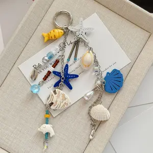 Starfish Keychain, Ocean Theme Multi-Piece Keychain, Shell Fish Bead Combination, Stylish Practical Accessory, Beach Style Bag Charm
