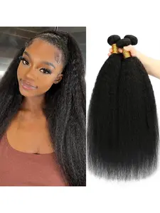 Kinky Straight Bundles Human Hair Yaki Straight Human Hair 3 Bundles 100% Unprocessed Brazilian Virgin Remy Hair Yaki Straight BundlesFor Black Women Natural Black Color, Natural Looking Hair Glueless Kinky Straight