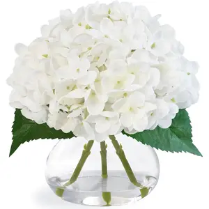 Hydrangea Artificial Flowers in Glass Vase, White Silk Fake Flowers Silk Centerpiece Table Decorations for Dining Room, Coffee Table Decor,Wedding, Home with Faux Water Decor(White)