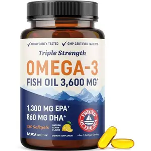 Omega-3 Fish Oil Triple Strength 3600 mg with 860 mg DHA 1300 mg EPA Wild Caught Burpless Essential Fatty Acids for Heart Brain Joint Health 120 Count