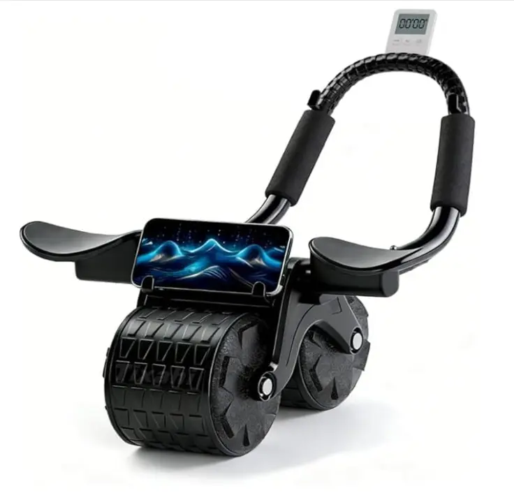 Double-Wheel Abdominal Fitness Roller - Assisted Ab Training Portable Trainer for Abs at Home, with Timer, Mobile Phone Holder, Kneeling Pad, Environmentally Friendly Materials
