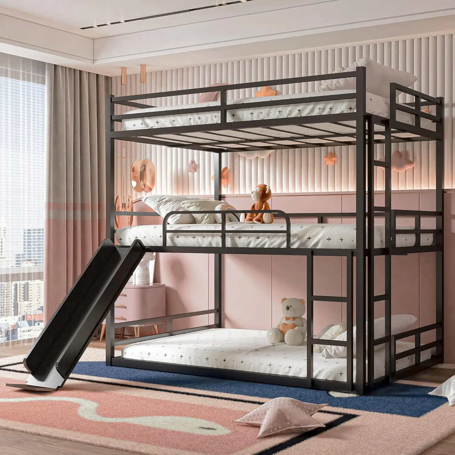Triple Bunk Bed Frame with Slide, Full Over Full Bunk Beds with Guardrails and Ladder, Full Loft Bed with Slide, Metal Floor Bunk Bed for 3, Heavy Duty 3 Bed for Kids Teens and Adults, No Box Spring Needed, Black