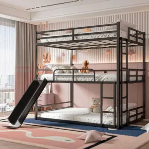 Triple Bunk Bed Frame with Slide, Full Over Full Bunk Beds with Guardrails and Ladder, Full Loft Bed with Slide, Metal Floor Bunk Bed for 3, Heavy Duty 3 Bed for Kids Teens and Adults, No Box Spring Needed, Black