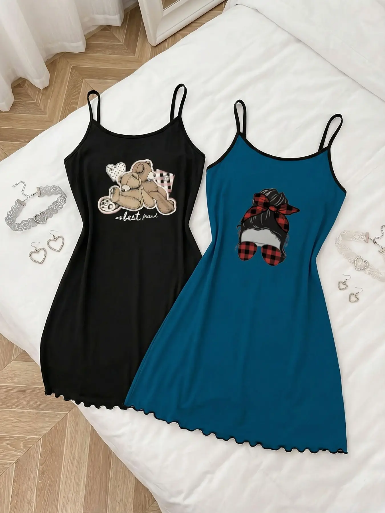 and Blue Cartoon Print Halter Nightdress Set, Thin Straps and Wavy Hem, Soft Home Short Dress, Two-Piece Lounge Wear, Sleeveless Tank Loungewear, Nightwear, Loungewear, Homewear, Sleepwear Outfit