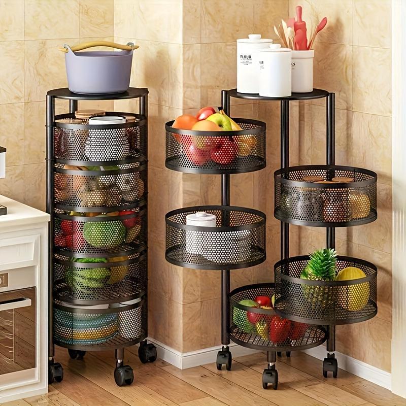 1 Rotatable Multi-Layer Circular Storage Rack, Floor-Standing Rotating Vegetable Basket Organizer, Multi-Layer Rotating Rack for Miscellaneous Items and Fruits, Practical Storage Shelf, Multifunctional Organizer, Metal Basket Rack with Wheels (Black)