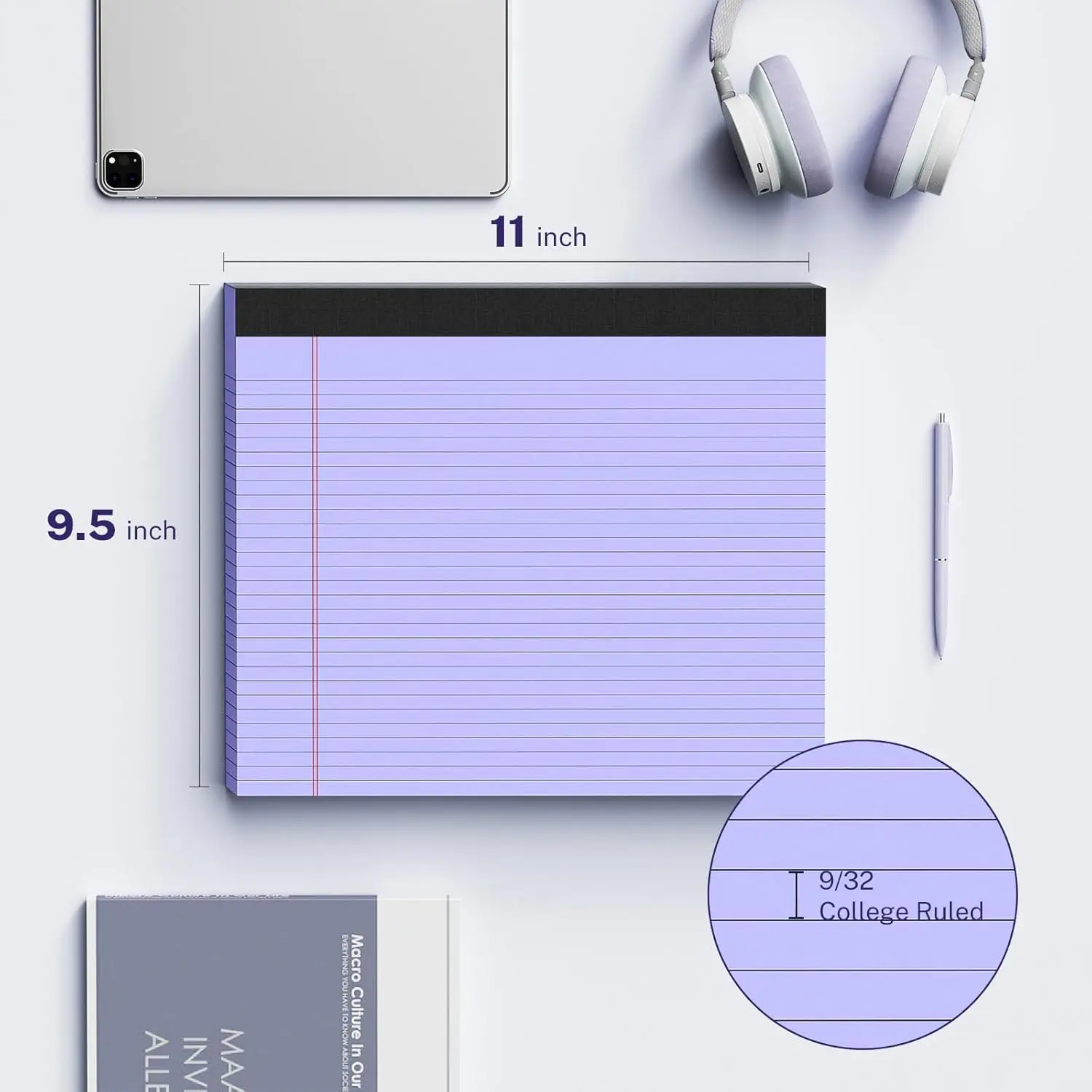 Wide Legal Pads 11" x 9.5" Landscape Pink Purple Blue Green Yellow College Ruled Note Pad Narrow Ruled 30 Sheets per Notepad Perforated Writing Paper Thick Backboard Horizontal Pads of Paper