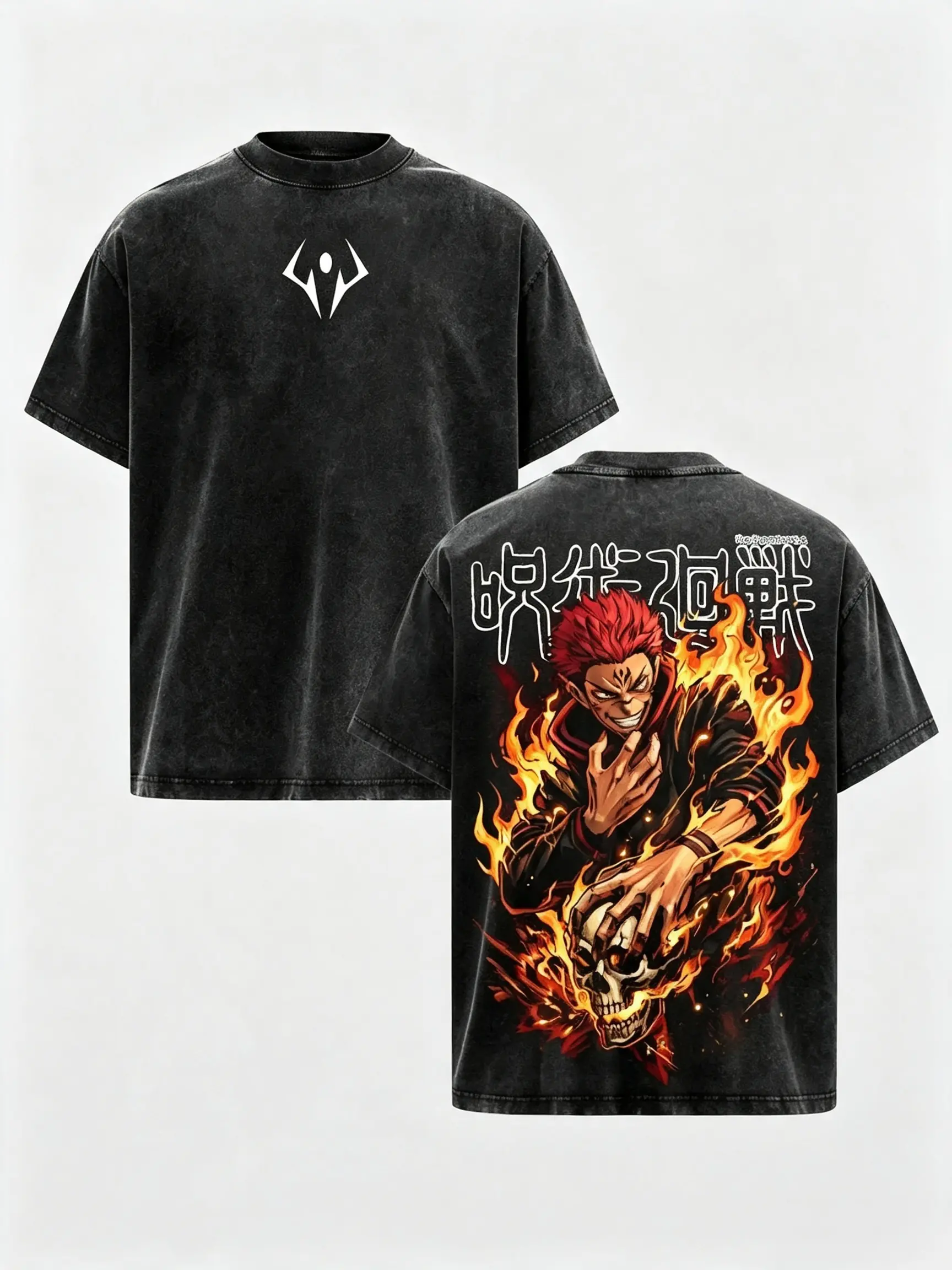 Sukuna T-Shirt – Ryomen Sukuna Jujutsu Kaisen Graphic Tee, Dark Curse Fire Artwork, Vintage Washed Oversized Anime Streetwear Apparel, Soft Cotton Casual Unisex Top, Gift for JJK Fans，oversized t-shirt，crewneck tee，short sleeve，gift shirt ， funny meme