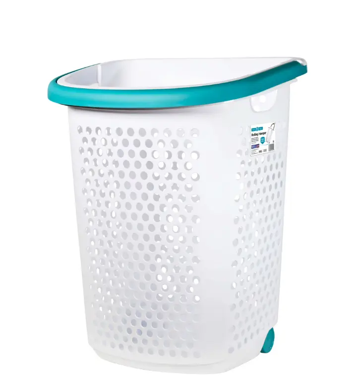 Home Logic 2 Bushel Rolling Plastic Laundry Hamper with Pop-up Handle, White, Adult