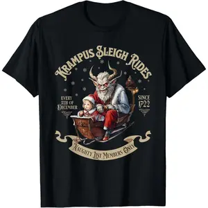 Funny Vintage Krampus Sleigh Rides Spooky Christmas Season T-Shirt, 100% Cotton, Single Side Printed, Black Short Sleeve T-shirt, 1 pc, Christmas Halloween Thanksgiving Gift