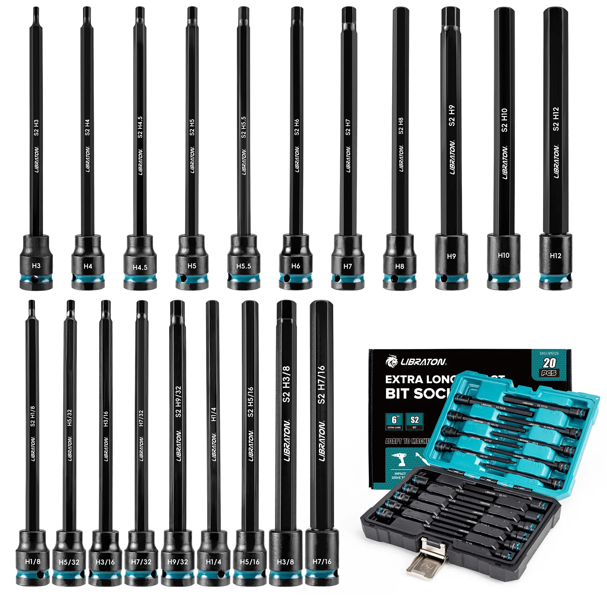 Libraton 3/8" Drive Long Impact Hex Bit Socket Set, Allen Bit Sockets, S2 Steel Hex Head Sockets, 20PCS Allen Wrench Socket, SAE&Metric Allen Bit Socket Set, 6" Long Allen Key Socket, Blow Molded Box
