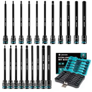 Libraton 3/8" Drive Long Impact Hex Bit Socket Set, Allen Bit Sockets, S2 Steel Hex Head Sockets, 20PCS Allen Wrench Socket, SAE&Metric Allen Bit Socket Set, 6" Long Allen Key Socket, Blow Molded Box